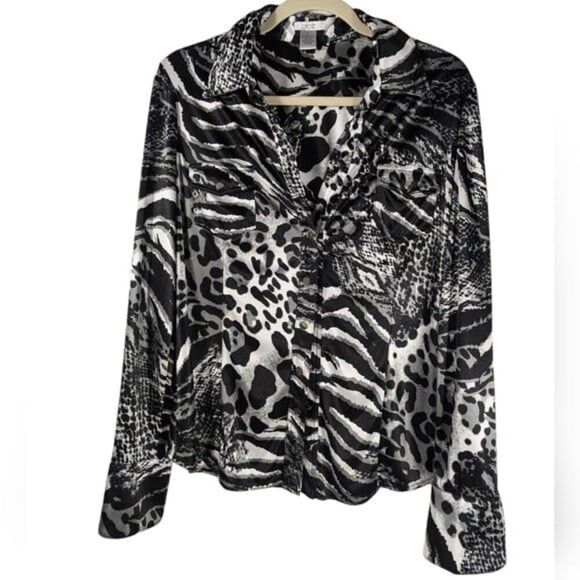 Vintage Cache Animal Print Satin Blouse L – Y2K Glam Rock Street Style Top - Picture 4 of 10